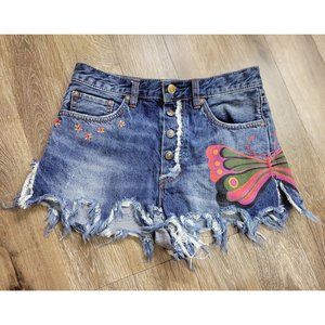 We the Free SZ 25 Denim Painted Butterfly/Flowers Cutoffs Distressed Woman Short